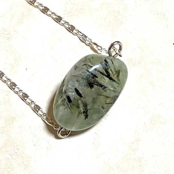 2/$20, Dark Green Prehnite Necklace, Genuine Tumbled Gemstone Bar Pendant - Picture 6 of 10